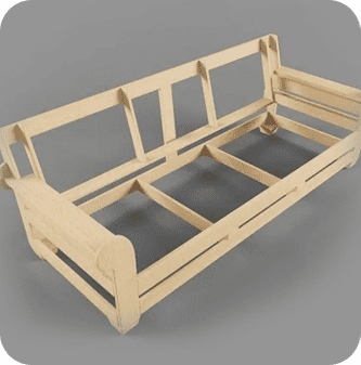 A wooden couch frame with no cushion.