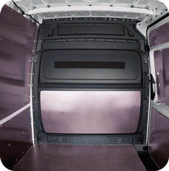 A van with its door open and the floor covered in purple carpet.